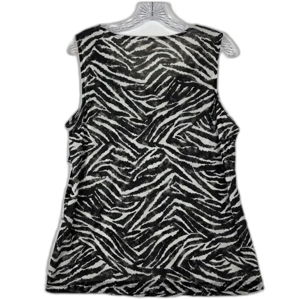 Chico's Zebra Print Mesh Size 2 L Ruffle Tank Top Sleeveless Black and White EUC - Picture 2 of 8